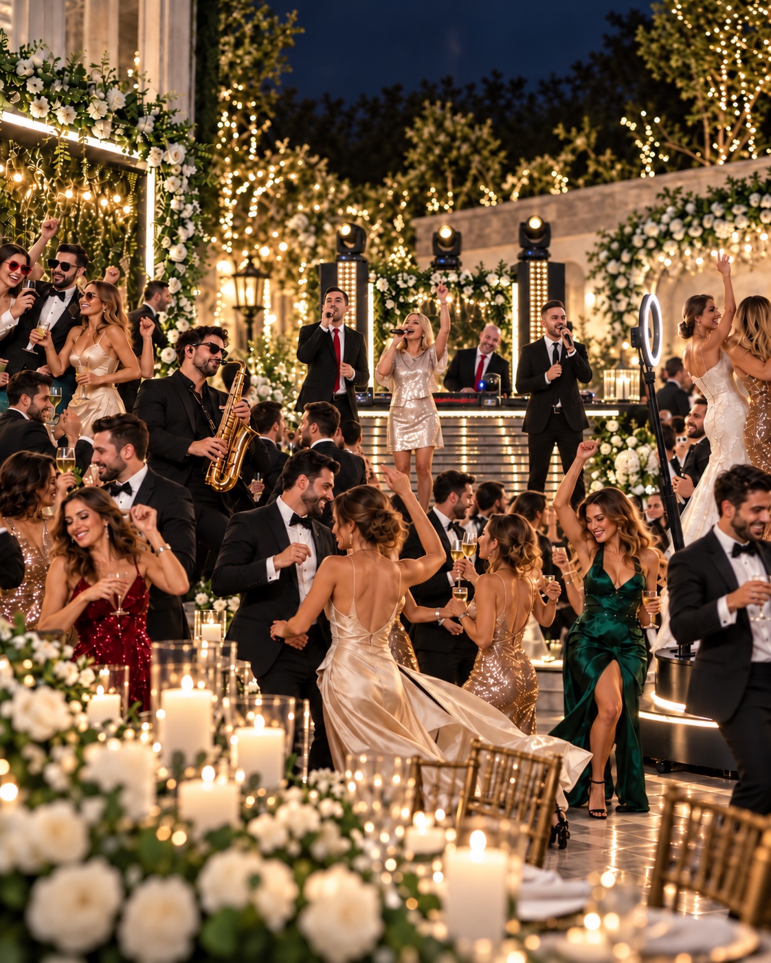 Ilustração de uma festa de casamento com cantores ao vivo e convidados a dançar sob luzes douradas